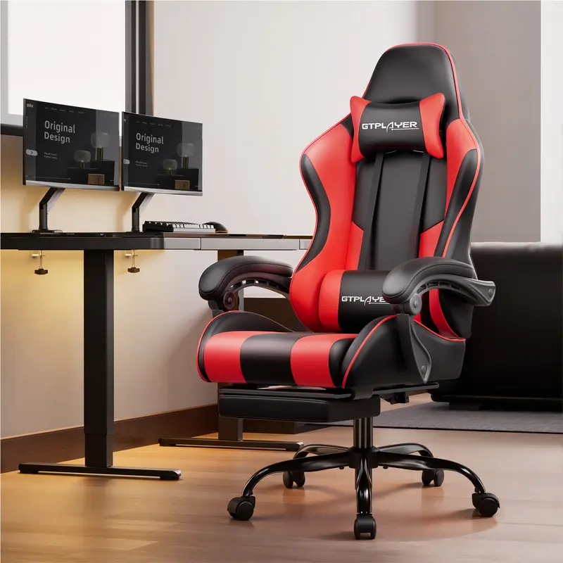 GTPlayer Classic Ergonomic Computer Gaming Office Chair - Wipe-Clean PU/Fabric Sturdy Commercial Furniture, 360° Swivel Desk Chair with Padded Arms, Footrest, Lumbar Support, Headrest, Adjustable Height