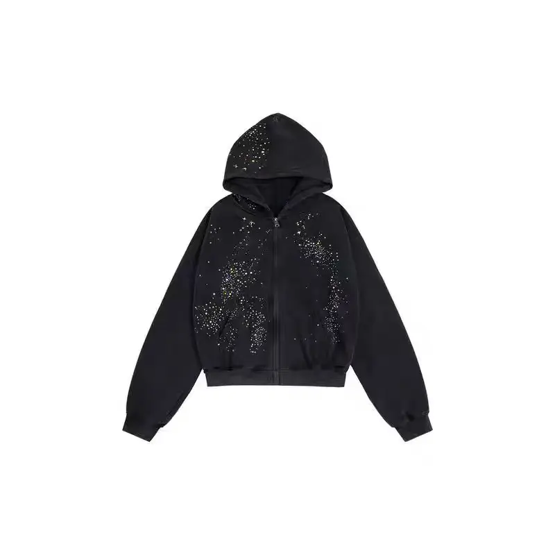 Hotfix Rhinestone Star Zip Up Hoodie Vintage Washed - TikTok Shop