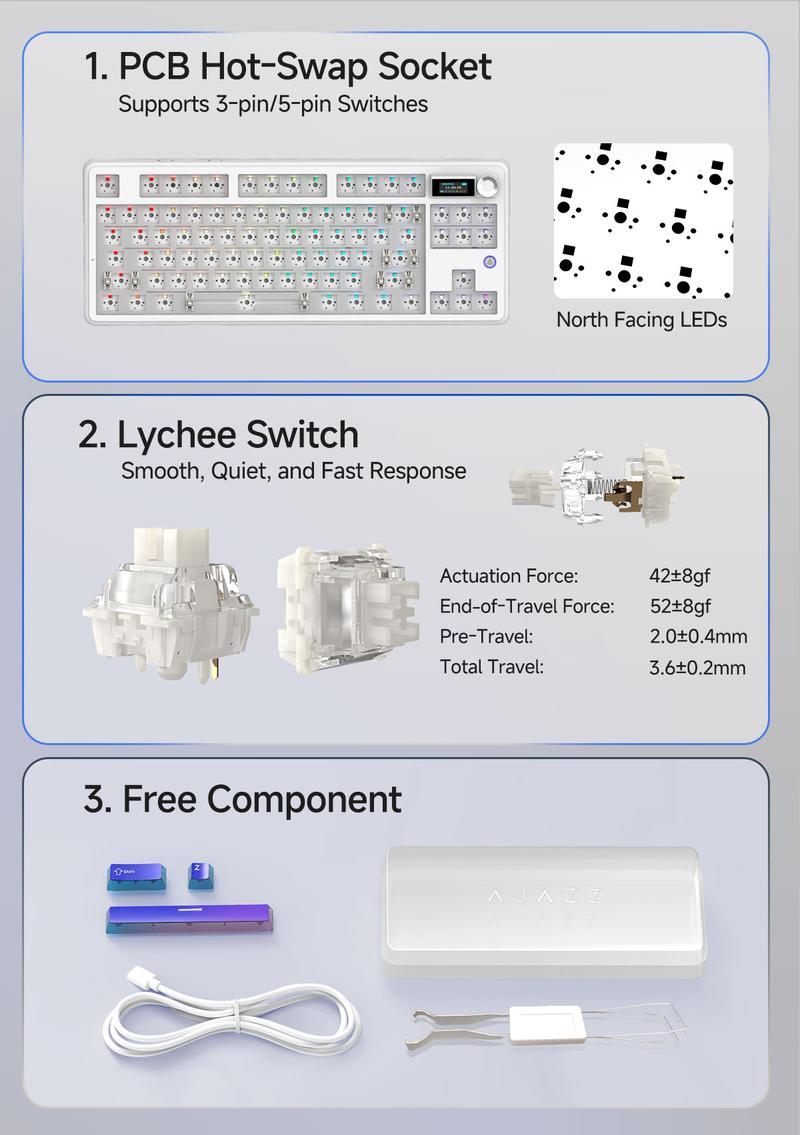 Ajazz MK87 PRO Wireless Gaming Mechanical Keyboard, Wireless/Wired/Bluetooth, ideal for gaming, computing, and office use, gaming setup,compatible with Windows/Mac/PC.