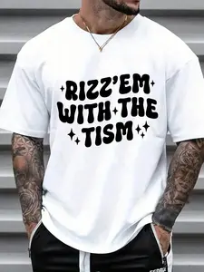 Rizz'Em With The Tism Funny Meme Graphic T-Shirt, Viral TikTok Slang Oversized Tee, Casual Cotton Short Sleeve Top, Gen Z Streetwear for Men, Trendy Humor Daily Wear