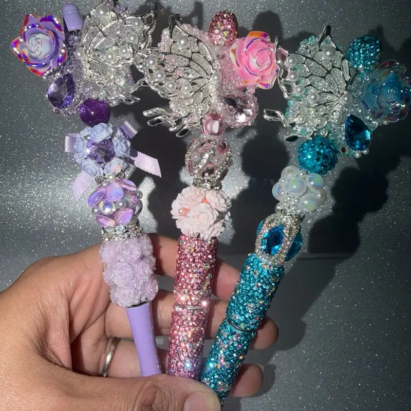 Butterfly Rhinestone Fancy Beaded Pens Handmade Refillable with Sparkling Beads and Colorful Butterfly Accents