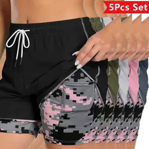 Women’s summer shorts 5-piece set, double-layer 2-in-1 design, camouflage pattern, breathable quick-dry fabric, drawstring elastic waistband, sporty casual style