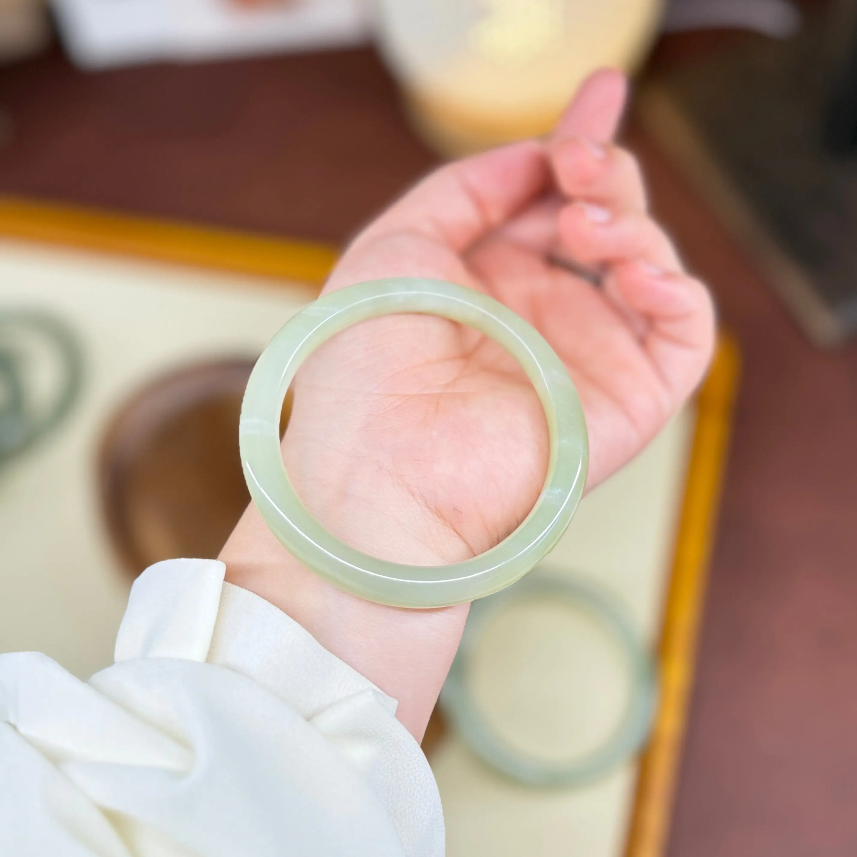 Authentic Natural Jade Bangle, Narrow Light Green Nephrite Bangle