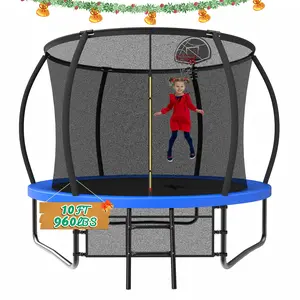 Mersco 10ft Upgraded Outdoor And Backyard Trampoline For Kids And Adults, Blue Pumpkin Trampoline Design With Curved Pillars And Safety Fence, Comes With Basketball Hoop And Ladder, Blue