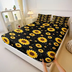 3Pcs Sunflower Pattern Fitted Sheet Set, Bright Yellow & Black Floral Design, Soft & Durable Fabric, Ideal for Adding a Pop of Color to Your Bedroom, Perfect for Summer Vibes and Fresh Decor, Lncludes 1 Fitted Sheet, With 2 Coreless Pillowcases