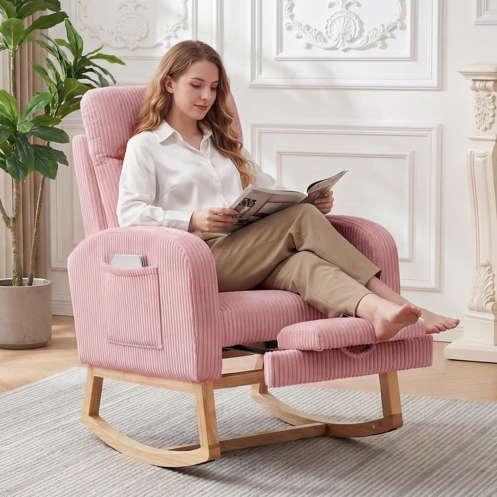 Nursery Rocking Chair with Foot Rest,Corduroy Upholstered Reading Glider Chair,High Backrest & Side Pocket for Living Room, Bedroom, Baby Room