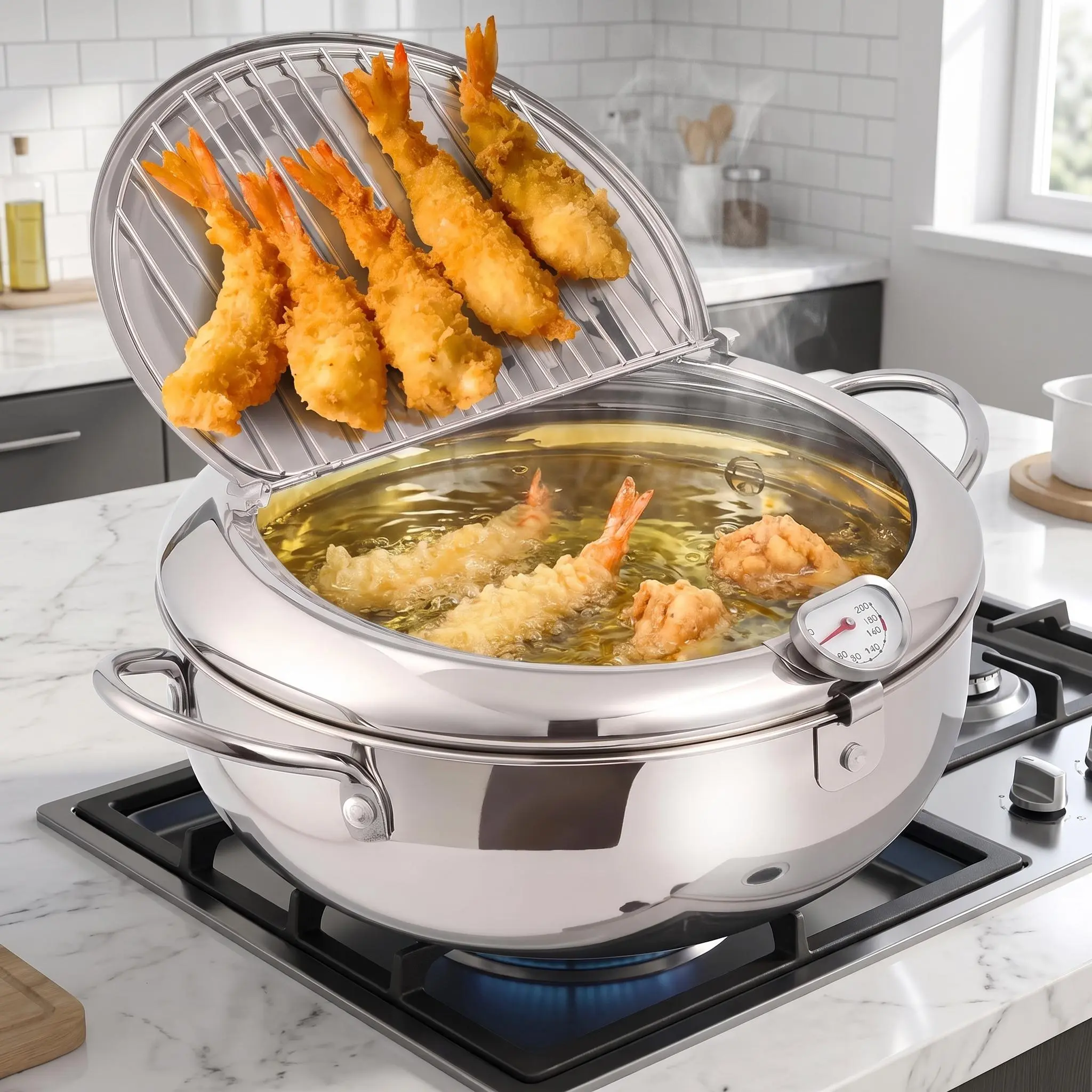 Stainless Steel Deep Frying Pot with Thermometer, Foldable Oil Drip Rack, Multi-Purpose Cooking Pot for Home Kitchen Frying Needs,familyfun