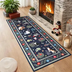 Kitchen Runner Rug 2x6 Machine Washable Area Rugs for Hallway, Non Slip Non Shedding Farmhouse Cat Rugs Stain Resistant Foldable Animal Print Mats for Bedroom, Entryway, Bathroom, Blue,2*6ft(61*183cm)
