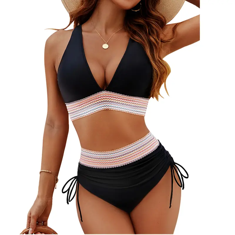 Blooming Jelly Women High Waisted Bikini Sets Tummy Control Swimsuits Color Block Two Piece Drawstring Bathing Suit#TikTokShopHolidayHaul