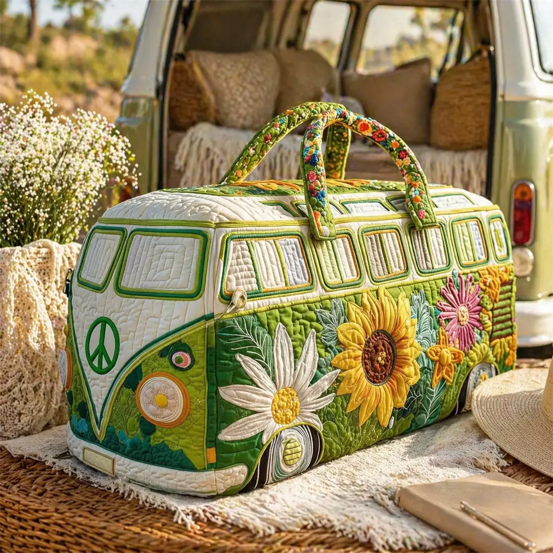 Retro Quilted Duffel Bag for Women, Sunflower Van Print Weekender, Large Capacity Carry-On Travel and Beach Bag, Everyday Carry, Cute Travel Bags