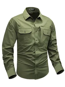 Men's Long Sleeve Quick-Dry Fitted Shirt, Outdoor Multi-Pocket Workwear, Military Elastic Design, Buttons at Neck & Forehead