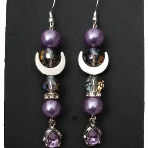 Dangle Hook Earring Purple Beads with Silver Accents, Moon Shape, Elegant and Trendy Style