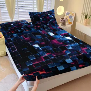 Sci-Fi Neon Cube Lava Fitted Sheet Set & 2 Pillowcases No Core, 3D Metal Texture Block & Red, Pink Neon Glow Design, Soft Anti-Slip Wrinkle-Resistant, Cyberpunk Bedroom E-Sport Room Decor, Gift for Boys, Teens