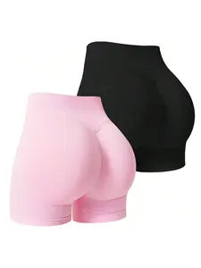 2-Pack New Three-Way Waist Seamless Sporty Shorts for Women, Compression Super Stretch Shorts, Running Tight Yoga Pants, Fitness Capri Bottoms, Peach Butt Design