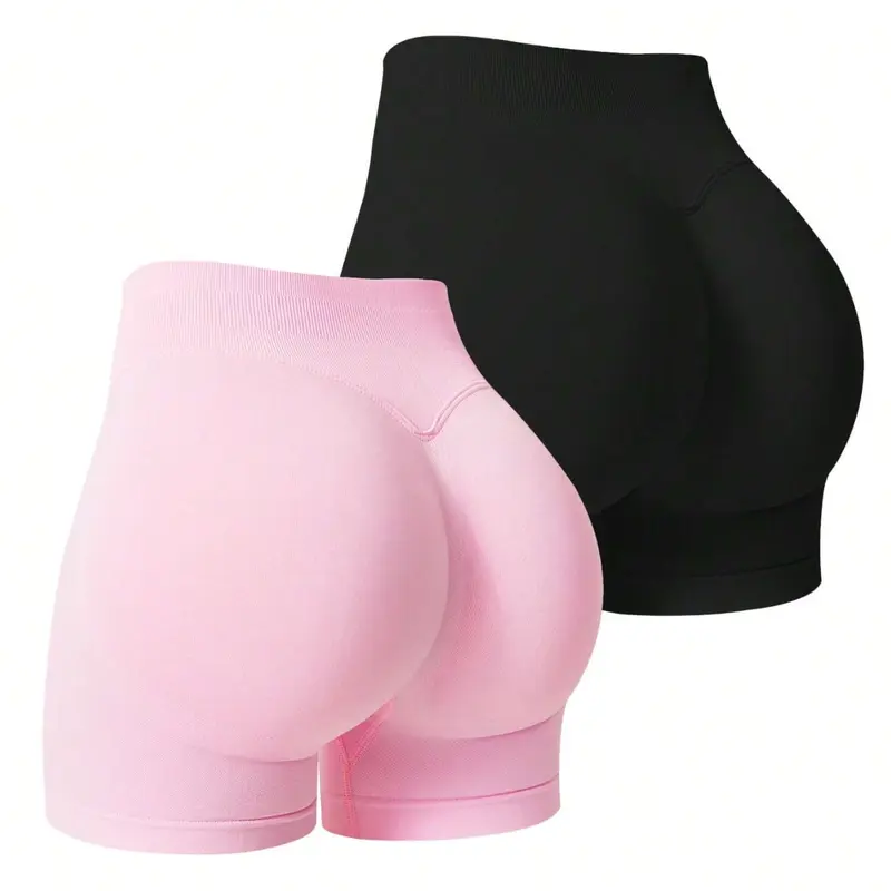 2-Pack New Three-Way Waist Seamless Sporty Compression Shorts for Women, Stretchy Shorts, Super Stretch Running Yoga Fitness Bottoms, Peach Butt Design Training Athletic Gym Shorts, Breathable Fitness Shorts