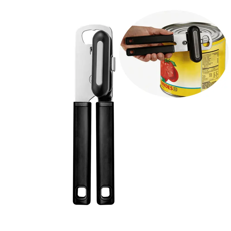 Padicaca Heavy Duty Carbon Steel Can Opener - Multi-Use Kitchen Utensil with Smooth Edge, Razor Sharp Cutting Wheel, Soft Ergonomic Black Handles, Bottle Opener Function for Bakery Rooms, Bars, Camping