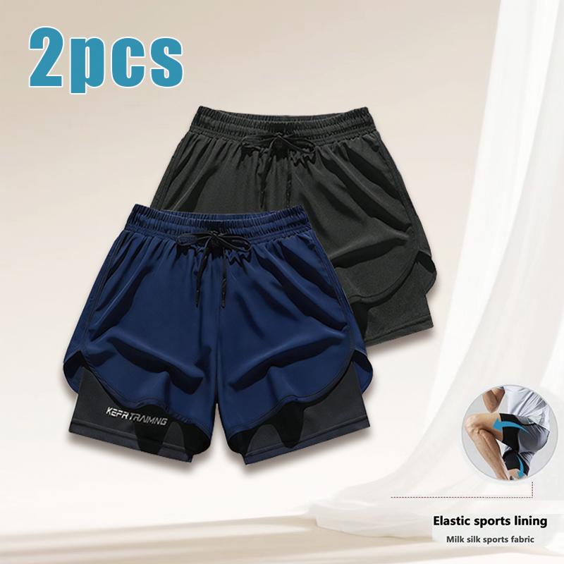 Plus Size Men’s 2-in-1 Running Shorts, Quick-Dry Ice Silk Fitness Training Shorts with Liner, 3-Inch Gym Shorts
