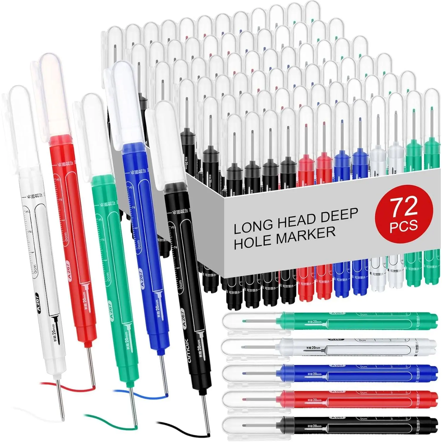 72-Count Bulk Refillable Plastic Deep Hole Felt Tip Pen - 20mm Long Nib, Clip, Comfortable Grip, Multi-Surface Use for Carpenters - Black,White,Red,Blue,Green Office Writing Tool with Metal Components