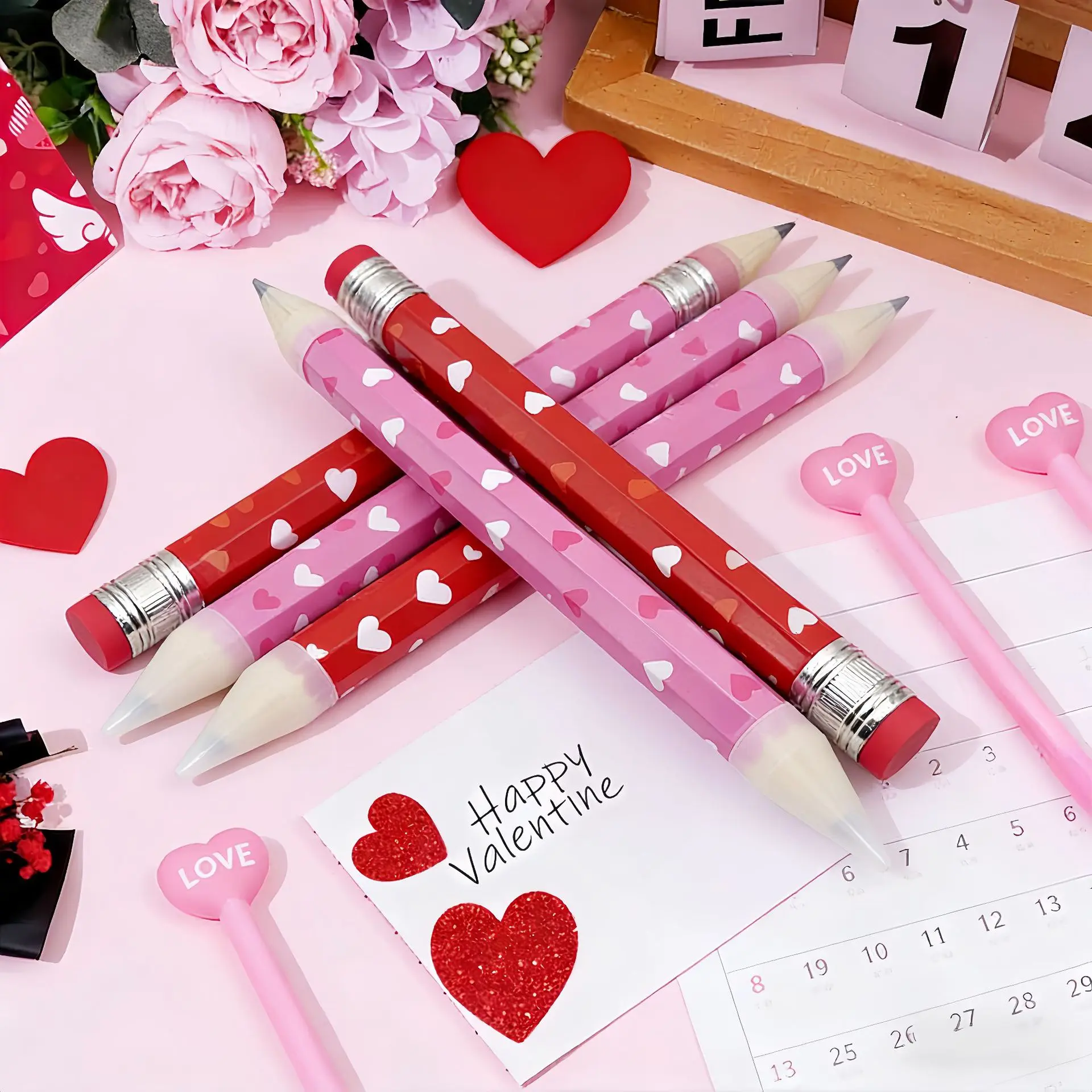 Giant Heart-Shaped Wooden Pencil Set - 2-Pack, 33 cm Length, 3 cm Diameter, High-Quality Material, HB Lead, Cheerful Pink & Red Look, Stress Relief Study Tools, Office & Study Gift