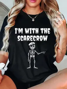 100% Cotton Unisex Funny I'm With Scarecrow Halloween Costume Couples Matching T-Shirt