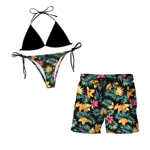 [Hot Summer 2026] - ouple Beach Set 2026 – Black Bikini & Tropical Hawaiian Shorts