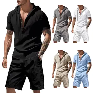 Men's 5-Color Linen Hooded 2-Piece Outfit - Short Sleeve Henley Shirt & Loose Pants, Breathable Summer Casual Set