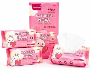 Nature's Nova 99% Pure Water Travel Wet Wipes, 8 Packs 64 Total Wipes, Unscented, Pocket size. Gentle for Everyday Use, Family & Travel Essentials Tissues Bulk Soft Tissue Napkin Personal Household