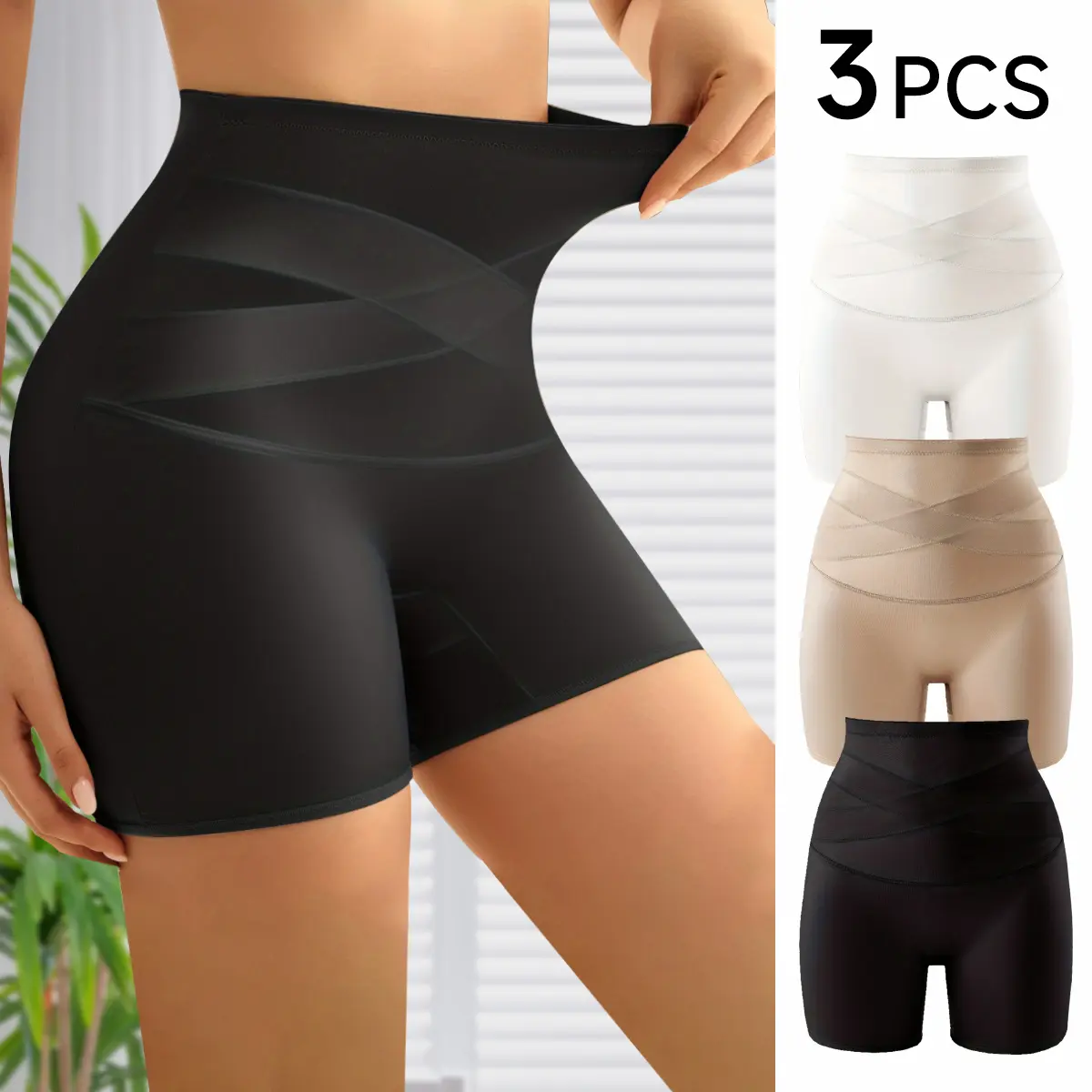 3-Piece Elegant High-Waisted Tummy Control Women's Boxer Briefs, Cross-belly design, Smooth, Soft and Breathable, Highly Elastic Silky and Comfortable Fit Shorts, Anti-Exposure Womenswear, Elegant and Confident Panties, Sizes S-XXL