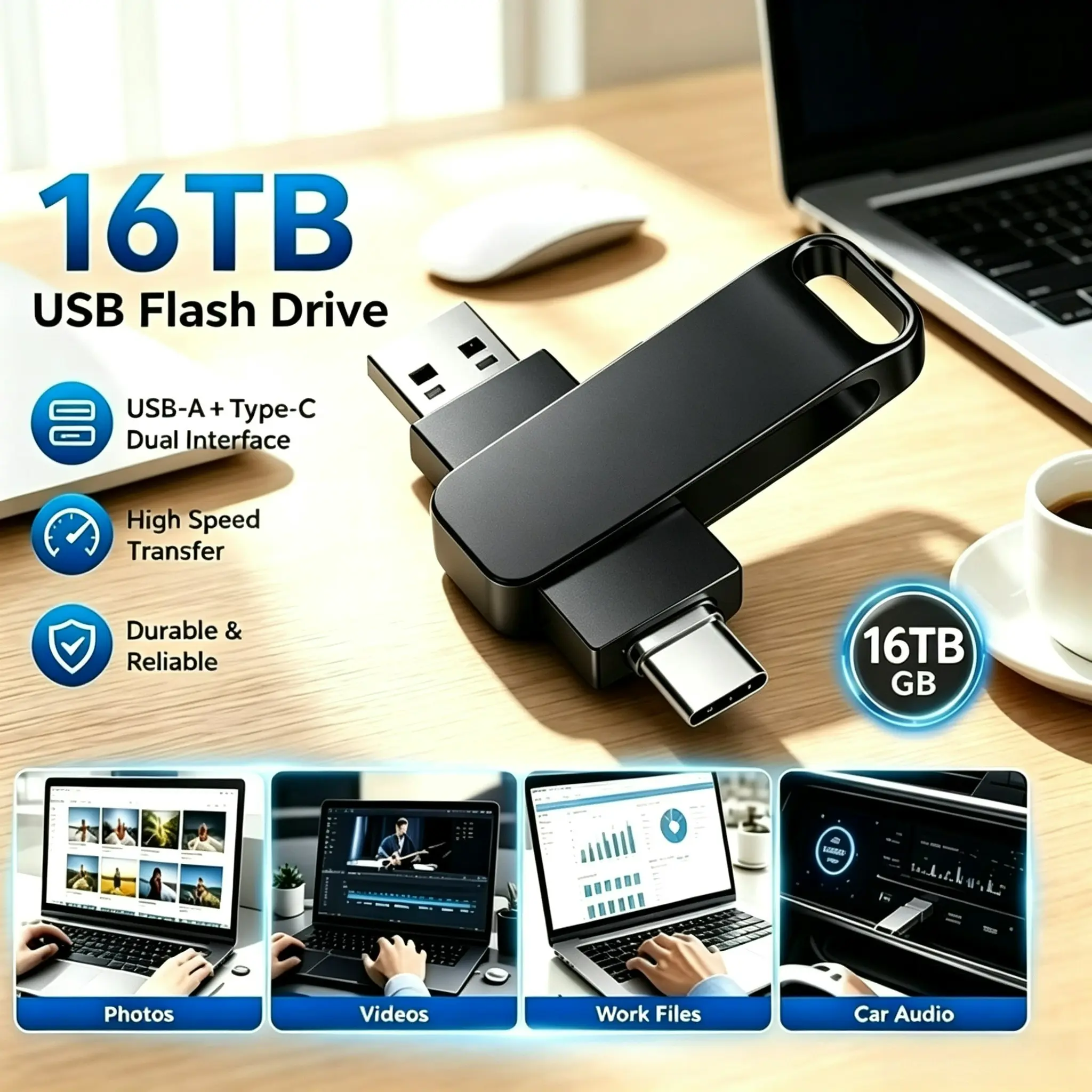 16TB USB 3.2 Type-C 2-in-1 High-Speed Metal Flash Drive, Waterproof Memory Stick for Phone, PC Data Transfer Port