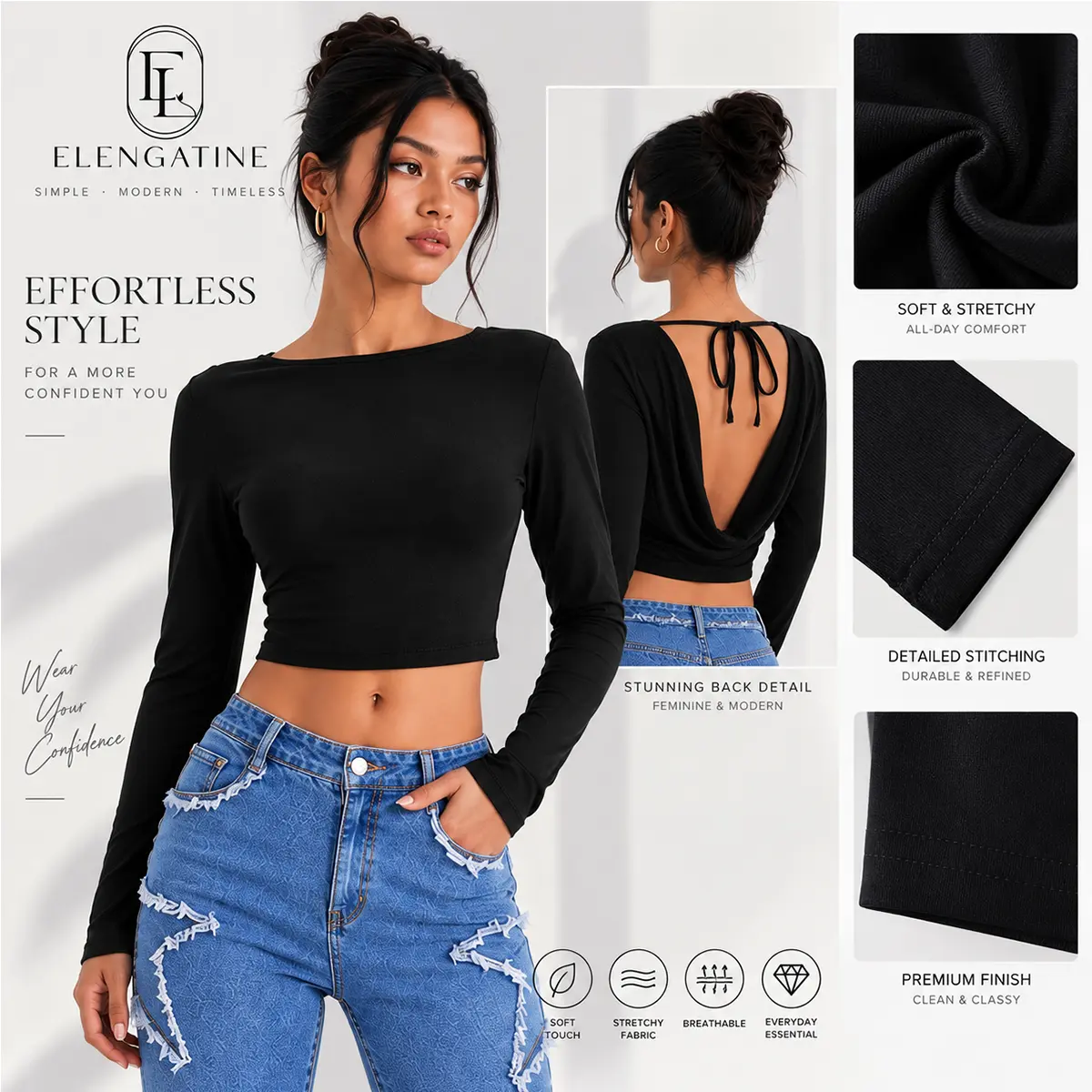 Elengatine Women's Soft Viscose Longsleeve Top - Elegant Black, Sexy Draped Cowl Backless, Trendy Back Tie Round Neck Blouse, Comfortable Fabric, Baddie Aesthetic Streetwear, Fall Party Outfit