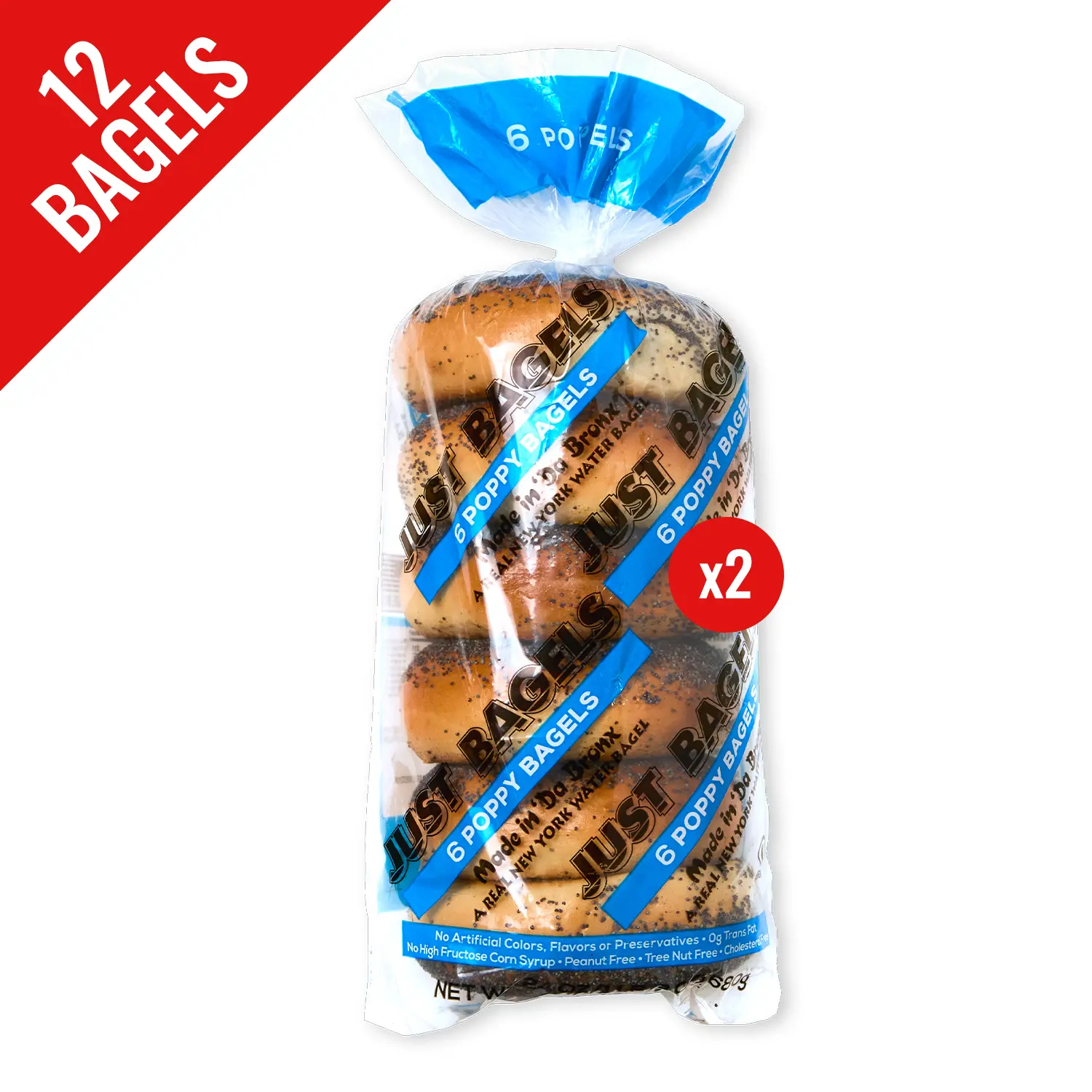 Just Bagels - Poppy Bagels - 2 Packs Of 6 Bagels Per Pack - 12 Total Bagels. Non-GMO.