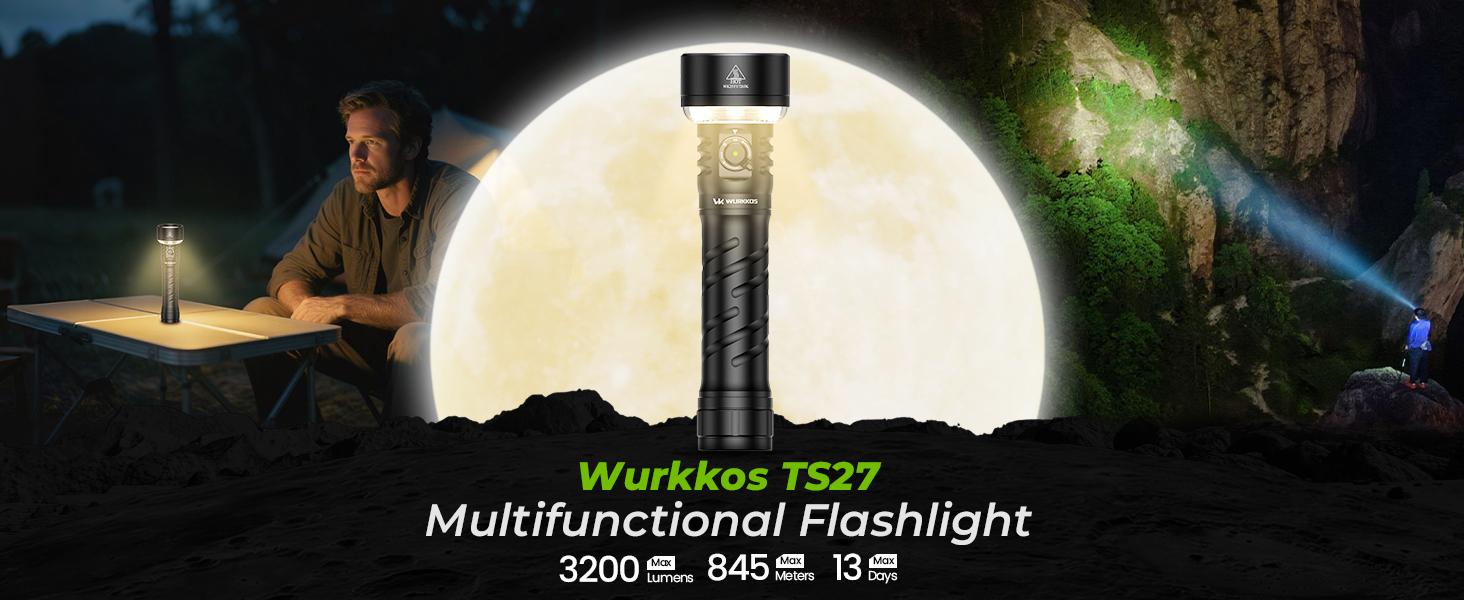 Wurkkos TS27 Multi-functional Outdoor Flashlight 3200 Lumens Dual Light Source RGB Ambient Light 15000mAh Battery Camping Long-Range