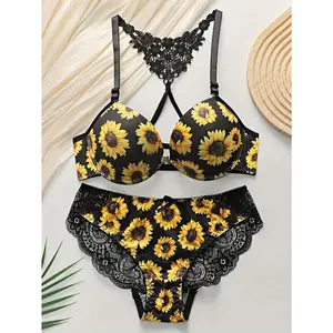 Sunflower Print Nylon-Spandex Lingerie Set with Lace Detail - Mature Floral Lash Sets with Mid-Rise Briefs for Women, Knit Fabric Without Padding, Medium Support Adult Lingerie Set2025