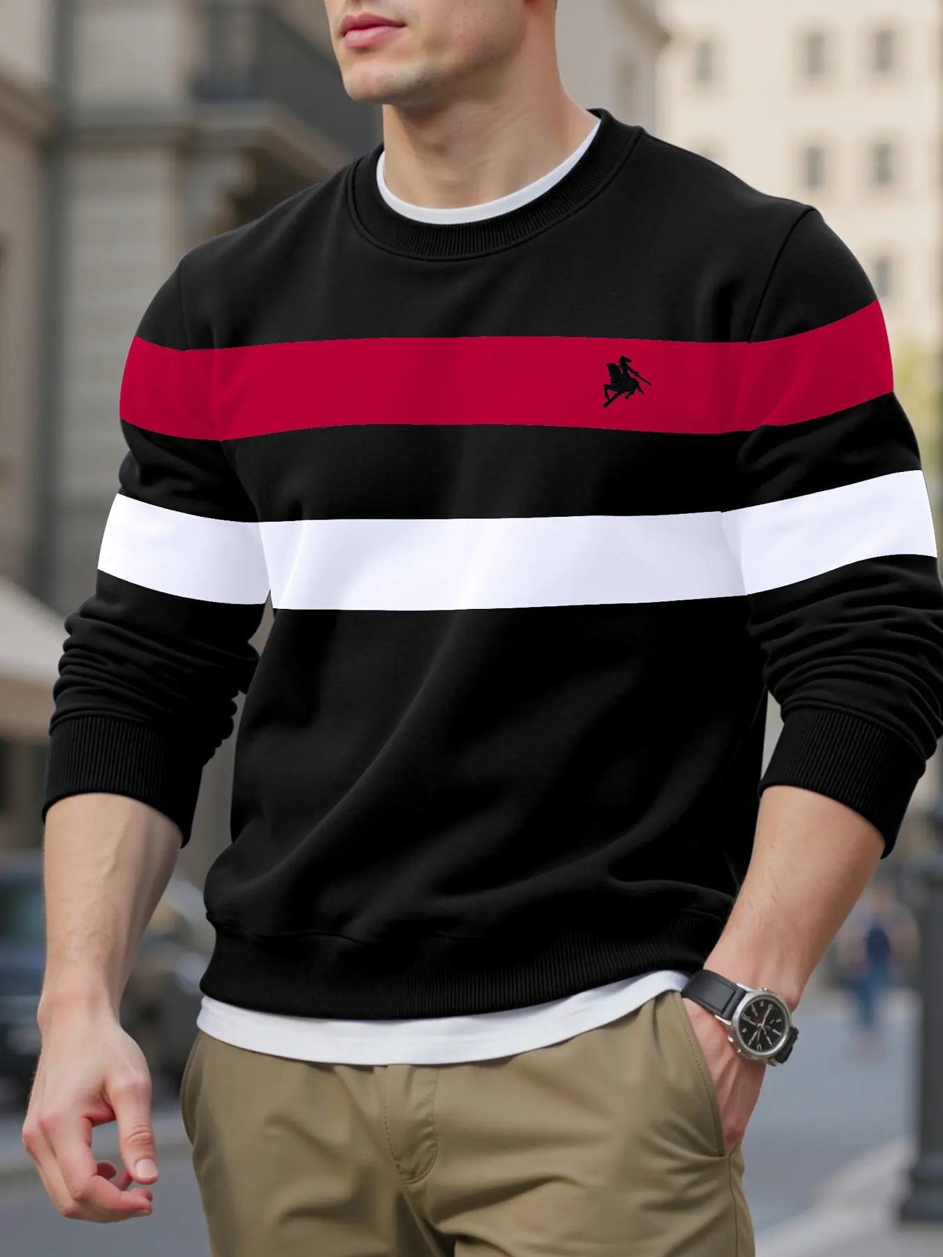 Men's Fitted Pullover Sweater, Knitwear, Long Sleeve, Knight Embroidery Design, Comfortable Durable Knit Fabric, Casual Style for Fall & Winter Seasons