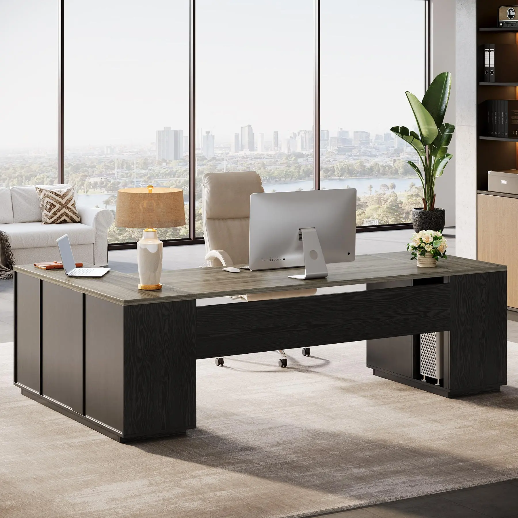 TRIBEWOOD 85.8-Inch Width L-Shaped Executive Desk (54.7" D x 85.8" W) - File Drawers, Storage Cabinet, Adjustable Shelves, Monitor Space for Storage Organization, Professional Corner Computer Workstation