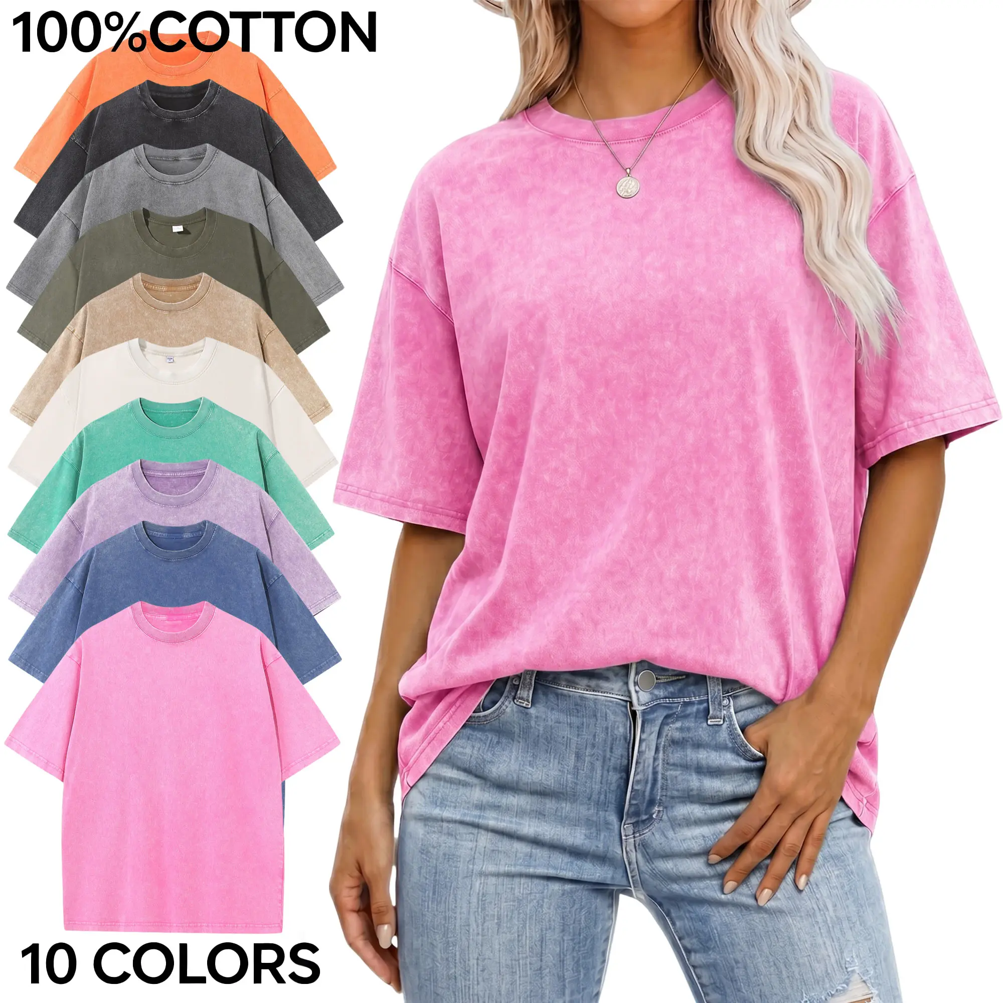 Men's 100% Cotton Solid Color Vintage Washed Minimalist Tshirt - Drop-Shoulder, Loose-Fit, Short-Sleeve, Round Neck Crewneck Distressed Casual Tops, Basic