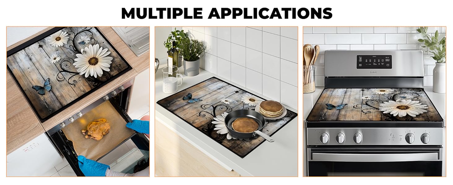 JOYFINITY Heat-Resistant Glass Stove Top Cover with Anti-Slip Rubber Coating – Electric Stove Protector, Scratch-Resistant, Expands Counter Space, Stylish Kitchen Decor (Daisy, 28.4*20.5 in)