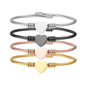 Custom Heart Cable Bangle Bracelet, Personalized Laser Engraved Name/Initials Jewelry for Women, Best Friend & Family
