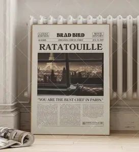 Ratatouille Movie Poster, Paris View Kitchen Decor, Cozy Retro Animation Print, Vintage Newspaper Style Wall Art, Gift for Chef or Food Lover
