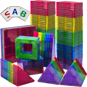Play22usa Magnetic Tiles Building Blocks 113pc Set with 13 Bonus Alphabet Cards STEM 3D Magnet Tiles Strongest Magnets for Creative Play BPA-Free Clear Colors Educational Toy