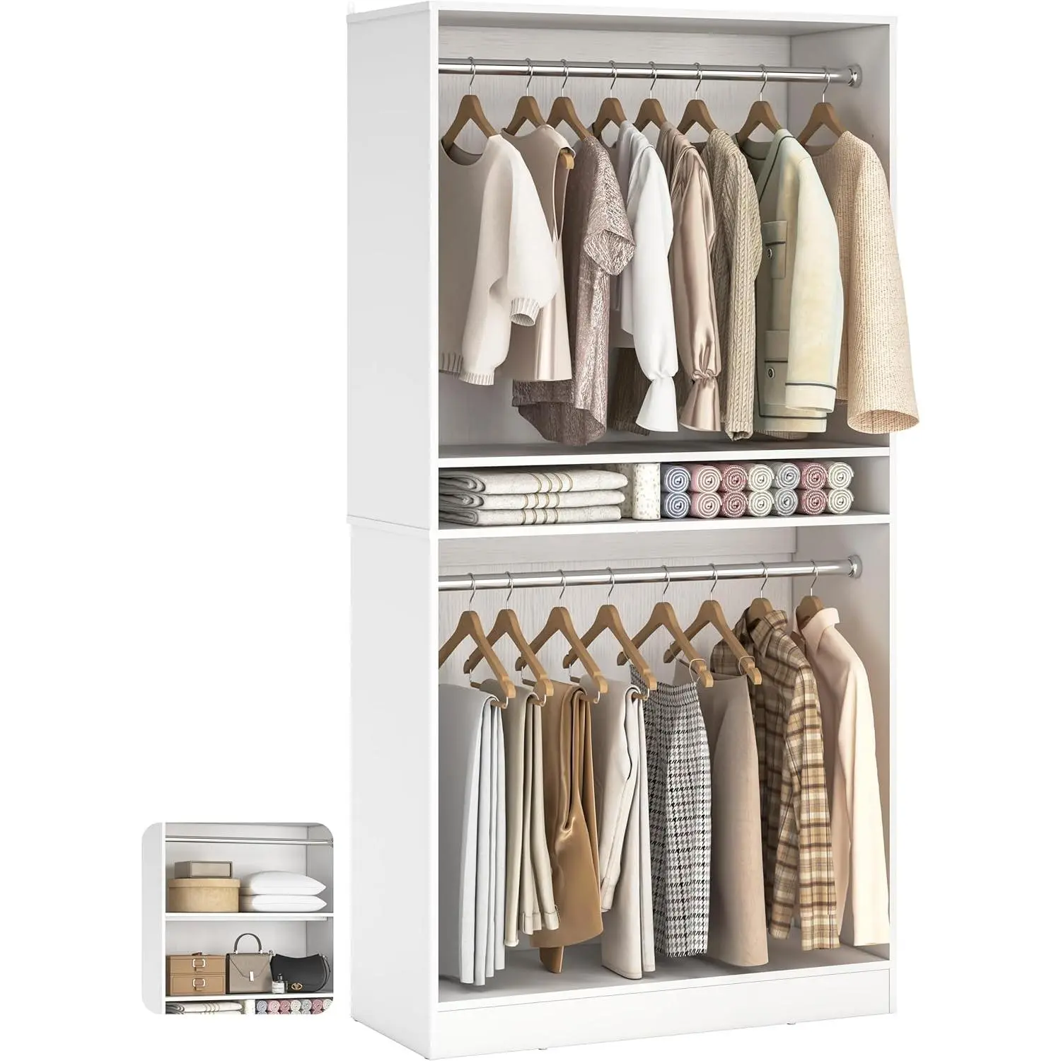Unikito 3FT Freestanding Closet System with 2 Hanging Rods & Adjustable Shelve, 36'' Wood Closet Organizer System, Clothes Garment Rack, Sturdy Walk-in Closet Tower, Easy Assembly, Hold 800LBS
