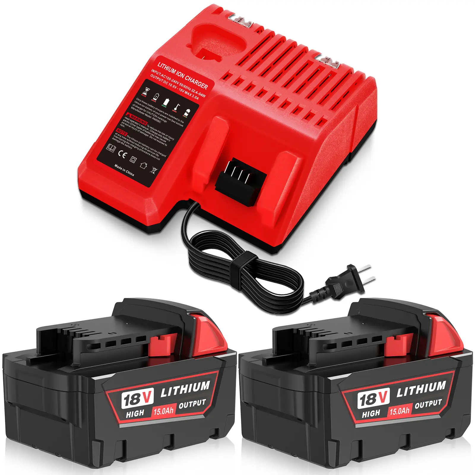 Milwaukee 18V M18 Compatible 2-Pack 15000mAh High Capacity Lithium Ion Batteries & Charger Set, Durable Smart Battery Cells with Smart LEDs for Professional Power Tool Replacement Upgrades