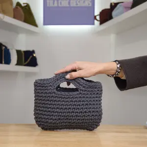 Tila Chic Designs Handbag Crochet Macrame Cord Gray Color Unique Stylish Look Versatile Accessory for Casual & Formal Occasions