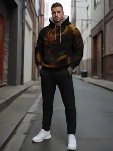Trendy Dragon Art Print Hoodie Set, Long Sleeve Fitted Pants, Casual Sportswear, Running & Outdoor Wear, Streetwear Tracksuit Set, Fall & Winter