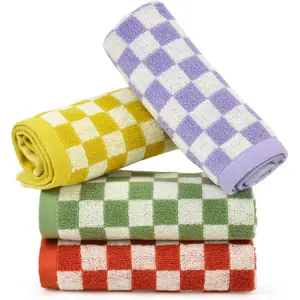 Wash Cloths Checkered 4 Pack 4 Colors - Cotton Washcloths for Face Body, 13 x 13 Inches Daily Cleansing Kitchen Towels