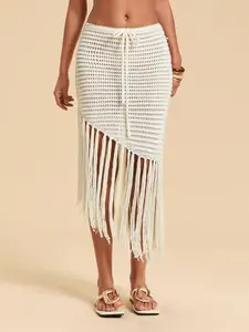Spring Summer Women's Knit Skirt with Fringe Hem, Casual Fitted Half Skirt for Outdoor Holiday Beach, Long Plain Style