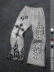 Men's Street Style Cross & Gothic Flame Pattern Printed Loose Fit Fall Winter Straight Leg Pants, Casual Streetwear Trousers, Casual Y2K Fashion, Unique Gift
