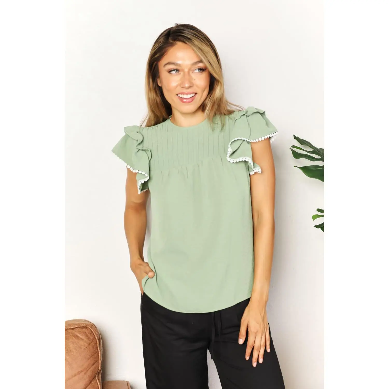 Perfee Pleated Detail Flutter Sleeve Blouse