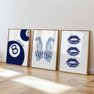 Set of 3 Navy Blue Prints – Trendy Wall Art with Cheetah, 8 Ball, and Kiss for Edgy Dorm Room, Apartment, Cool Girl Aesthetic Bedroom Decor