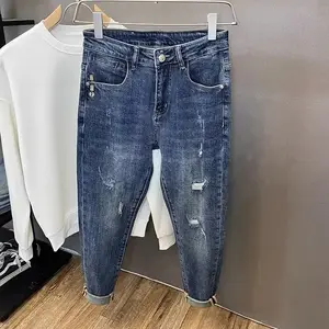 Summer New Men's Jeans Korean Style Trendy Dad Jeans Micro Flare Trousers Fashionable Holed Outfit
